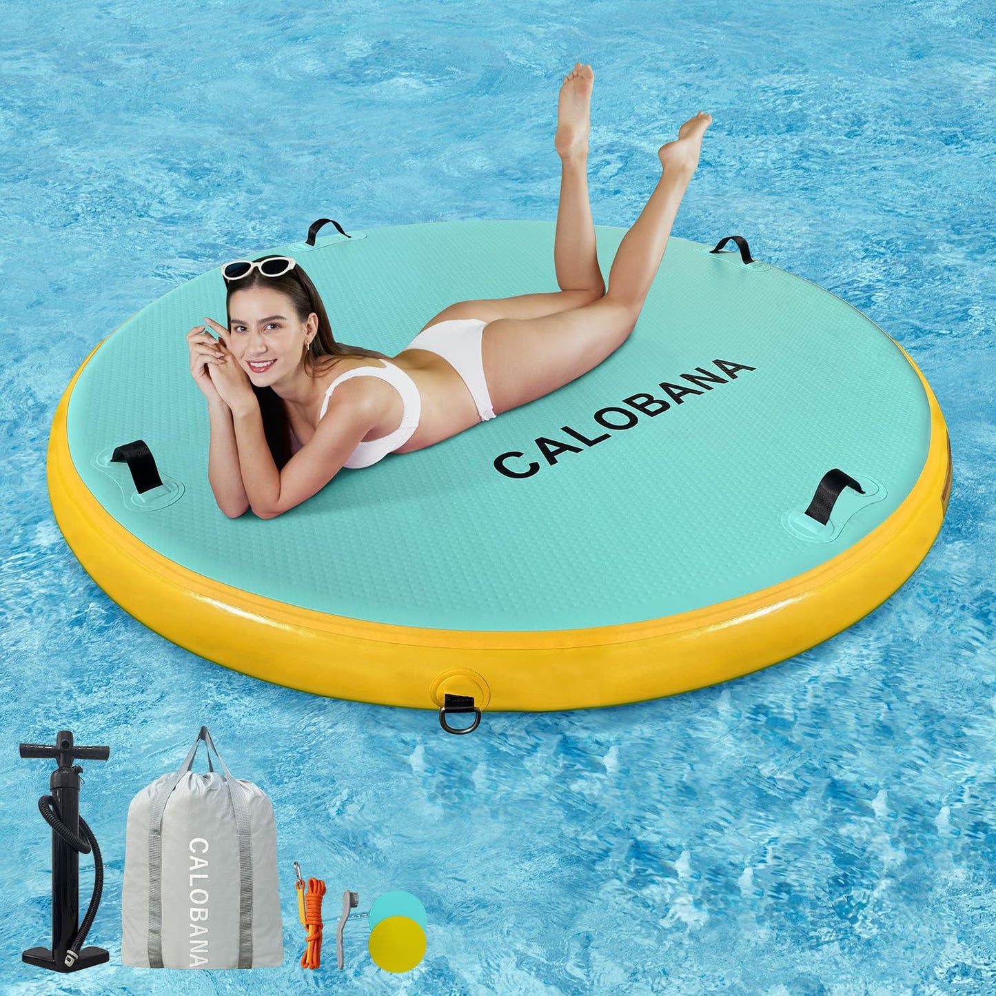 CALOBANA Inflatable Floating Dock Platform, Round Inflatable Floating Island Raft with Portable Storage Carrying Bag for Pool La