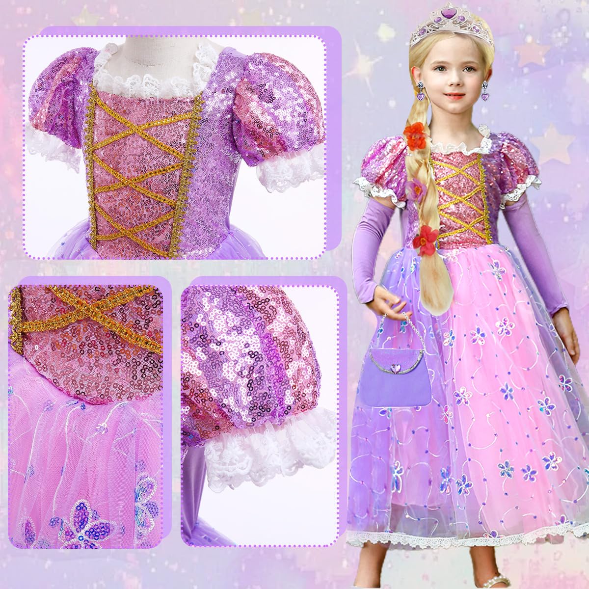 Luzlen Little Girls Princess Costume Rapunzel Dress For Kids Carnival Halloween Party Christmas Fancy Purple Dress, 2-3 Years(Label 100)