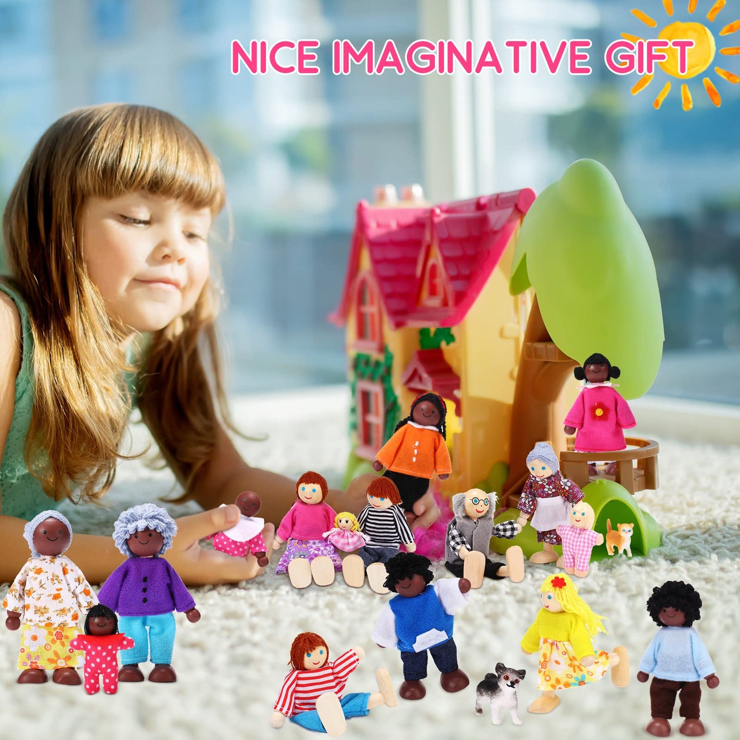 20 Pcs Wooden Dollhouse Family Set Of 16 Mini People Figures And 4 Pets, Dollhouse Dolls Wooden Doll Family Cosplay Figures Acce