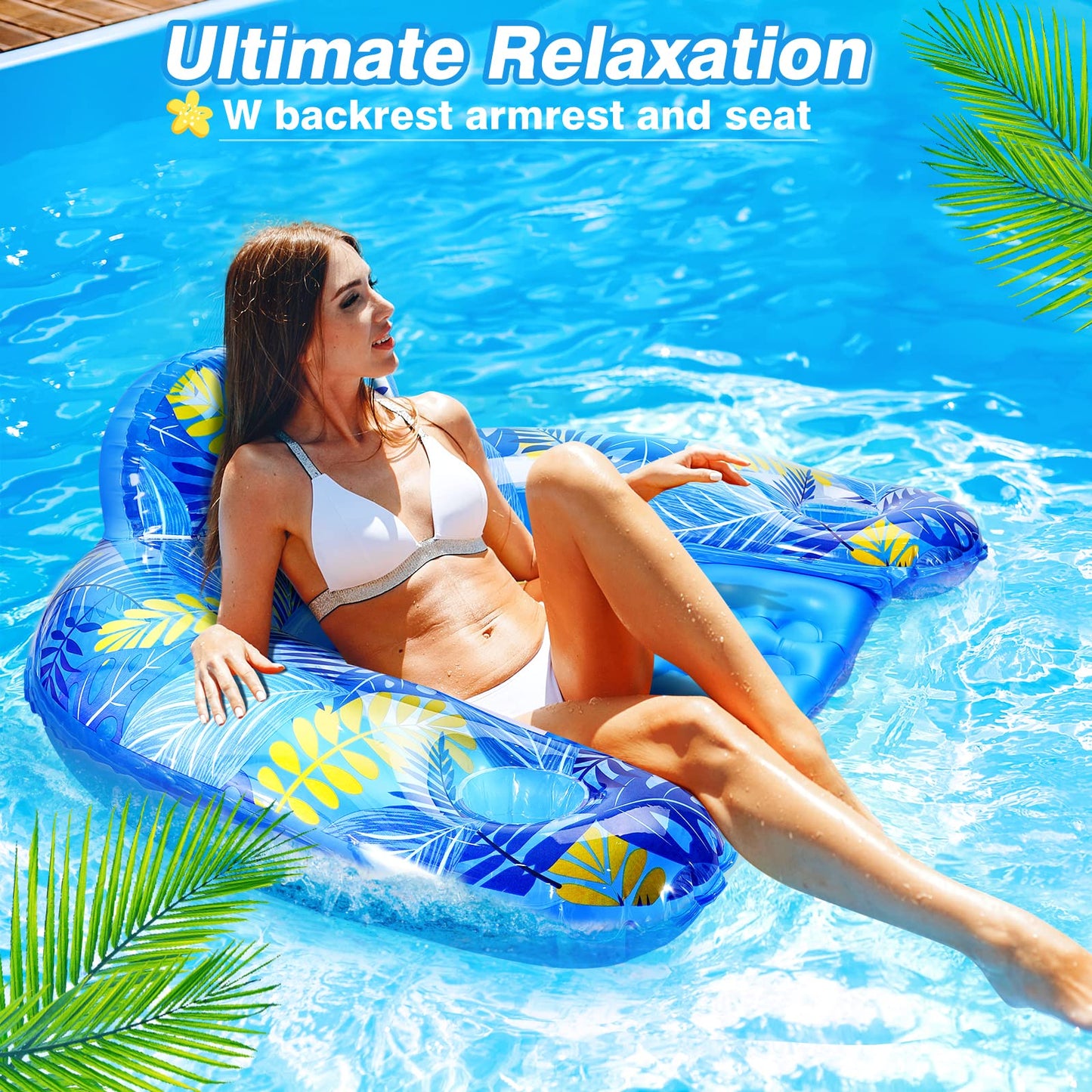 Inflatable Pool Float Chair, 2 Pack Pool Chair Floats For Swimming Pool Floats Adults Size Lounger With Backrest & Cup Holder, F