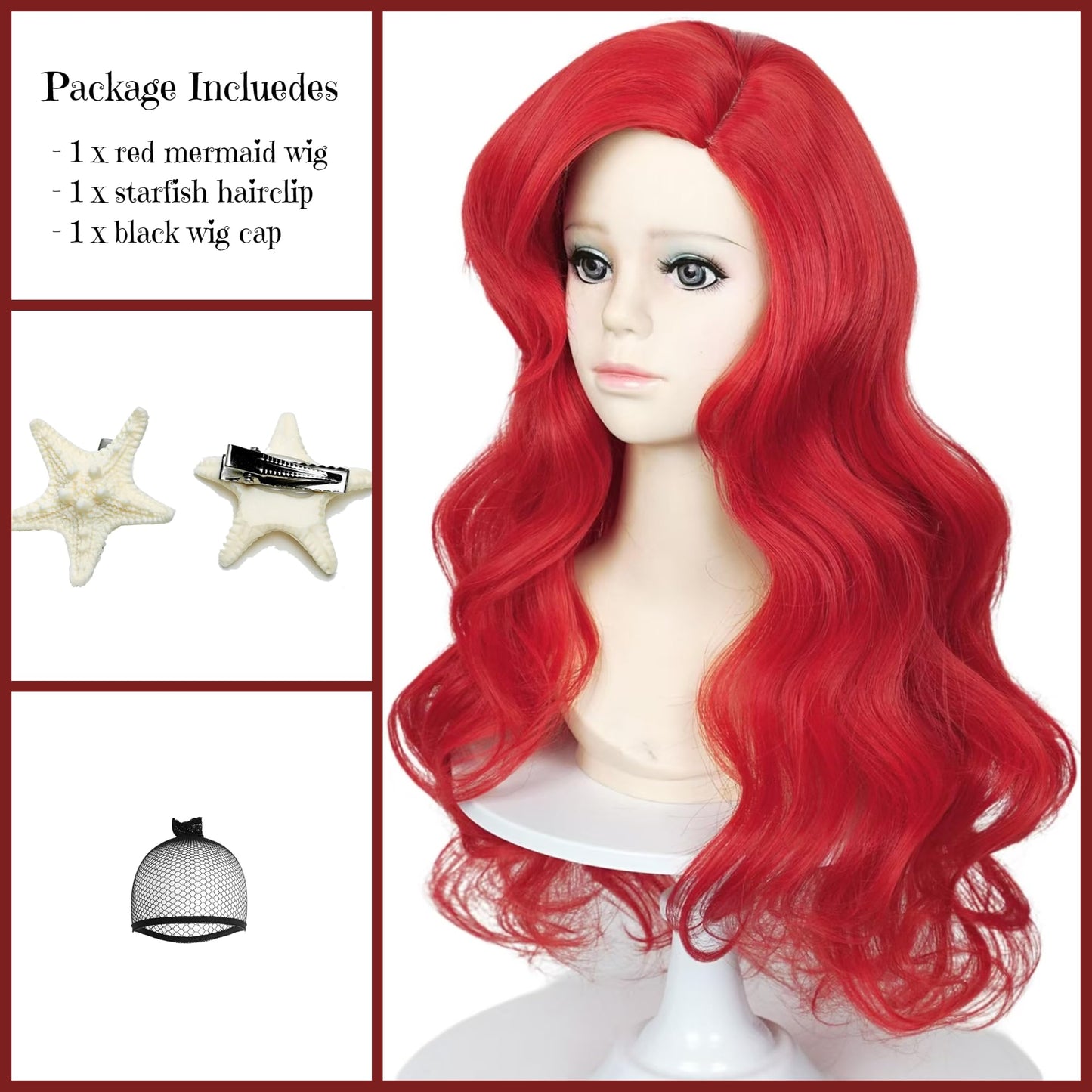Mermaid Wigs For Kids Girls 21-Inch Long Red Curly Kid'S Mermaid Wig Wave Wigs With Starfish Hairclip & Hair Net For Halloween C