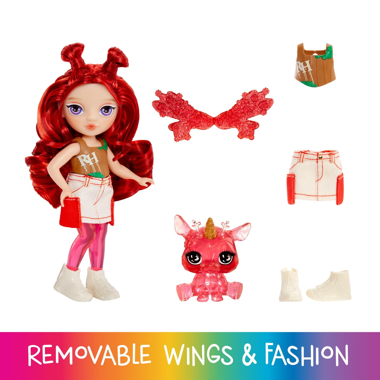 Rainbow High Littles Rainbow Fantasy Fairies + Pet - Apple, Red 5.5 Posable Small Doll & Fantasy Deer Pet With Interchangeable F