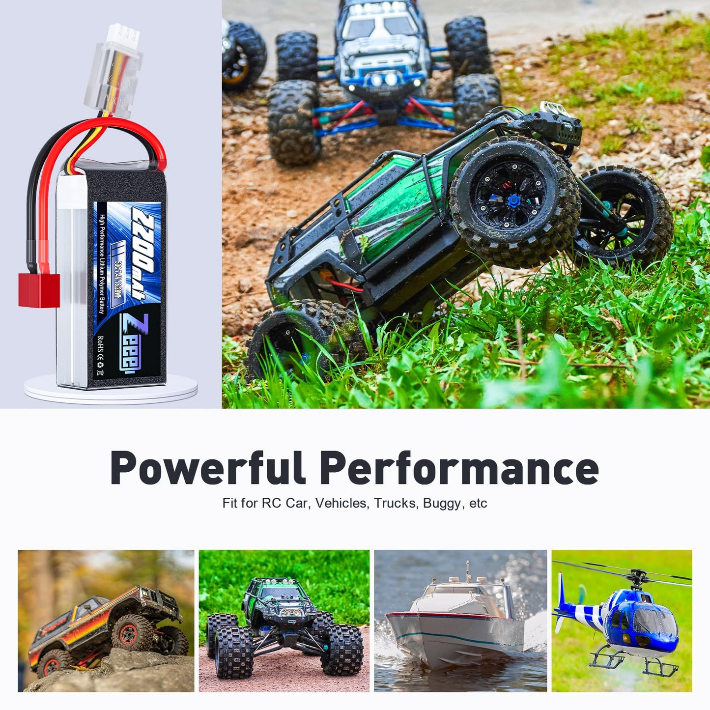 Zeee 2S 2200mAh Shorty Lipo Battery 7.4V 50C RC Battery with Deans Connector Soft Pack for 1/16 Slash RC Car RC Truck RC Helicop
