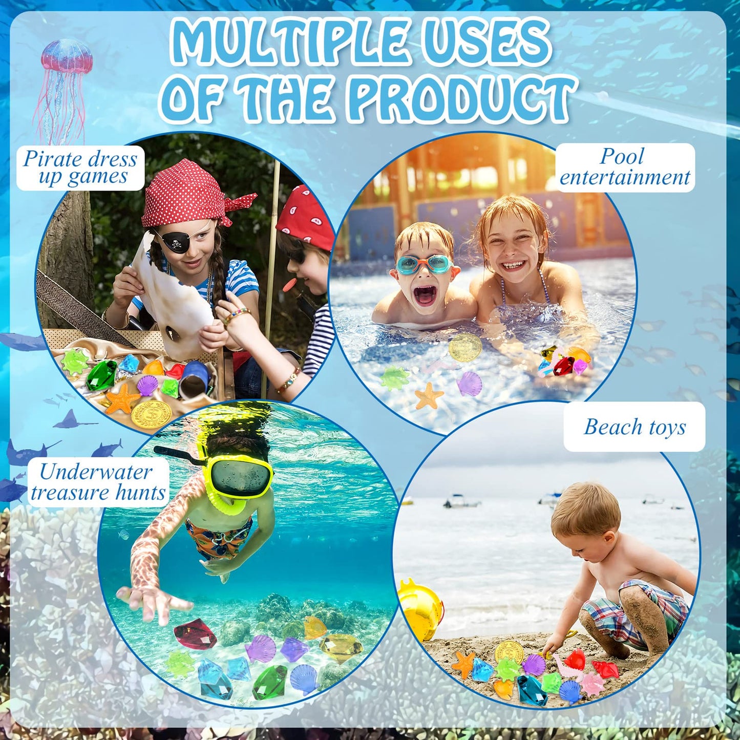 Marforever 70 Pcs Diving Gem Pool Toys -10 Colorful Big Acrylic Diamond Pool Gem Set With 2 Treasure Pirate Boxes Summer Swimmin