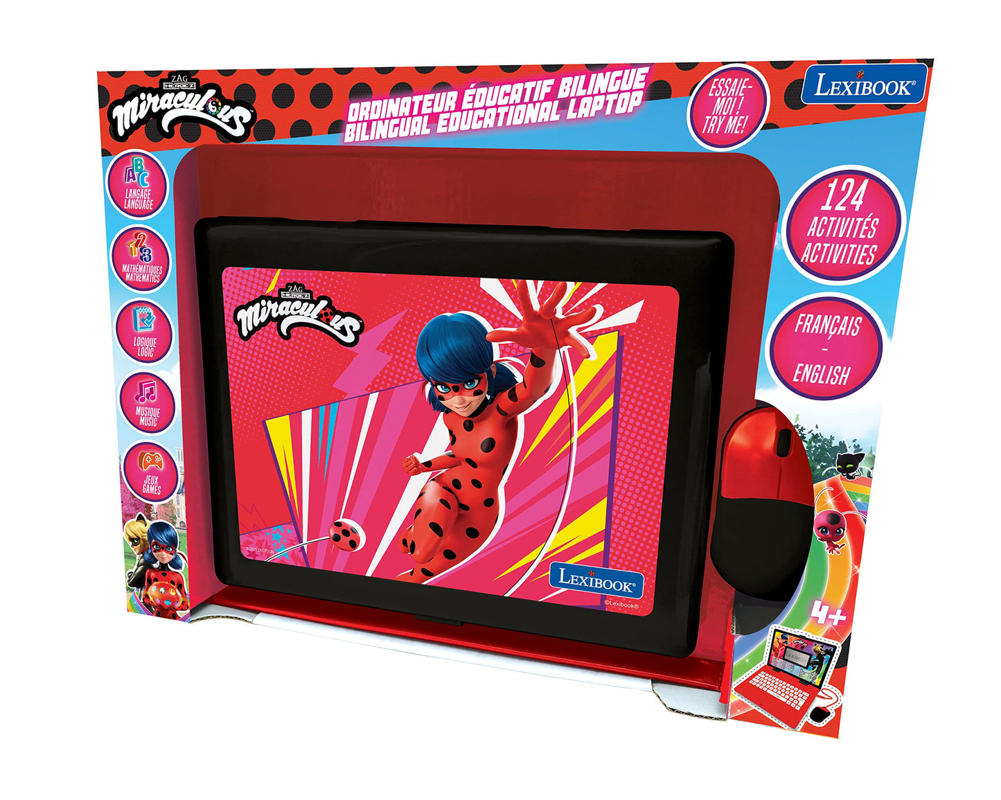 Lexibook Miraculous - Educational And Bilingual Laptop English/Spanish - Toy For Child Kid (Boys & Girls) 124 Activities, Learn Play Games And Music With Ladybug - Red/Black Jc598Mii2