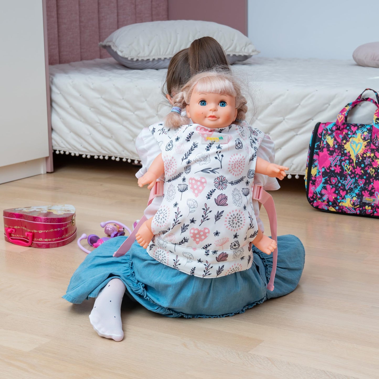 Happyvk - Baby Doll Carrier - Doll Carrier For Little Girls Front And Back - Cute Flowers And Hearts