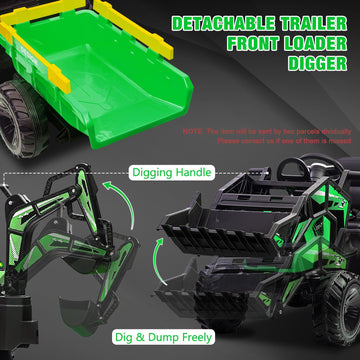 24V 3 in 1 Kids Ride on Tractor, Excavator & Bulldozer, Electric Vehicle w/Trailer, Digger, Shovel Bucket, Remote Control, EVA T