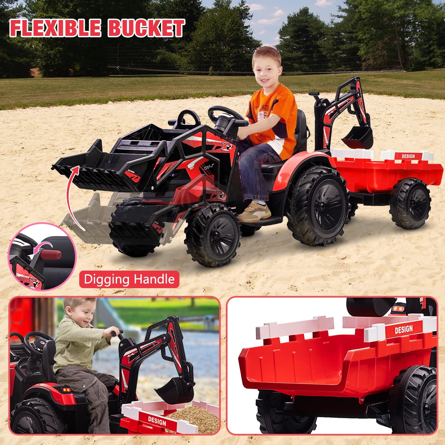 3-In-1 Kids 24V Ride On Tractor, Ride On Car Toy Excavator & Bulldozer - Battery-Powered Electric Vehicle W/Trailer, Digger, Rem
