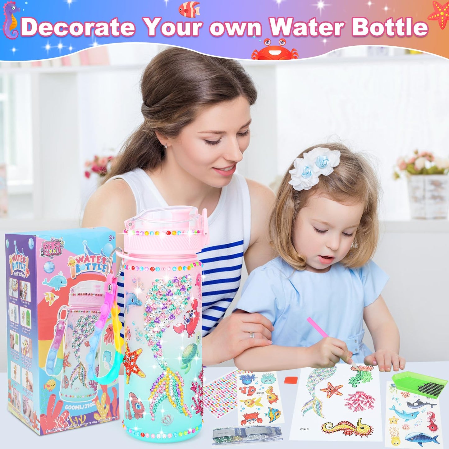 Decorate Your Own Water Bottle Kits For Girls Age 4-13, Mermaid Gem Girls Diamond Painting Crafts, Arts And Crafts Kits Toys Birthday Gifts For 4 5 6 7 8 9 10 Year Old Girls Kids (Mermaid 600Ml)