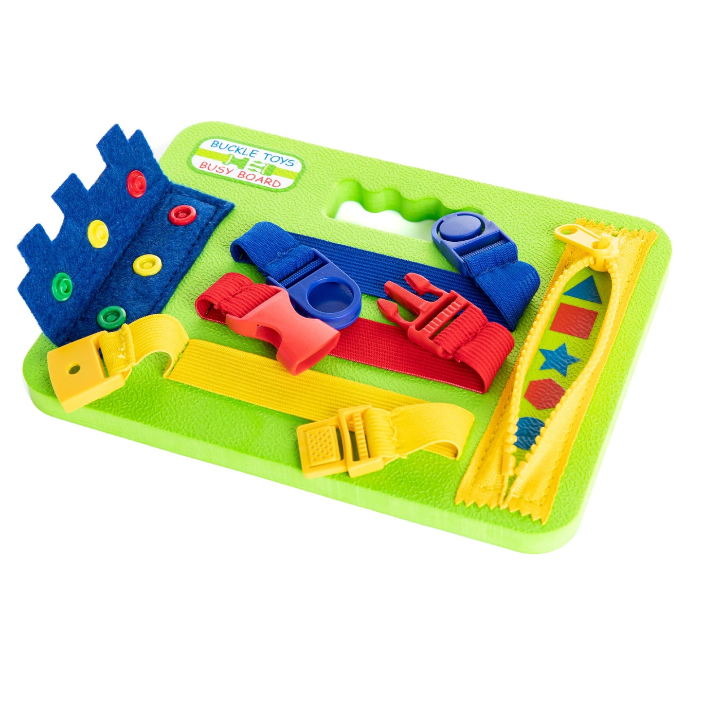 Buckle Toys Mini Busy Board - Montessori Learning Toy For Toddlers Great Kids Airplane Activities - Foam Sensory Board - Develop Fine Motor Skills - Green