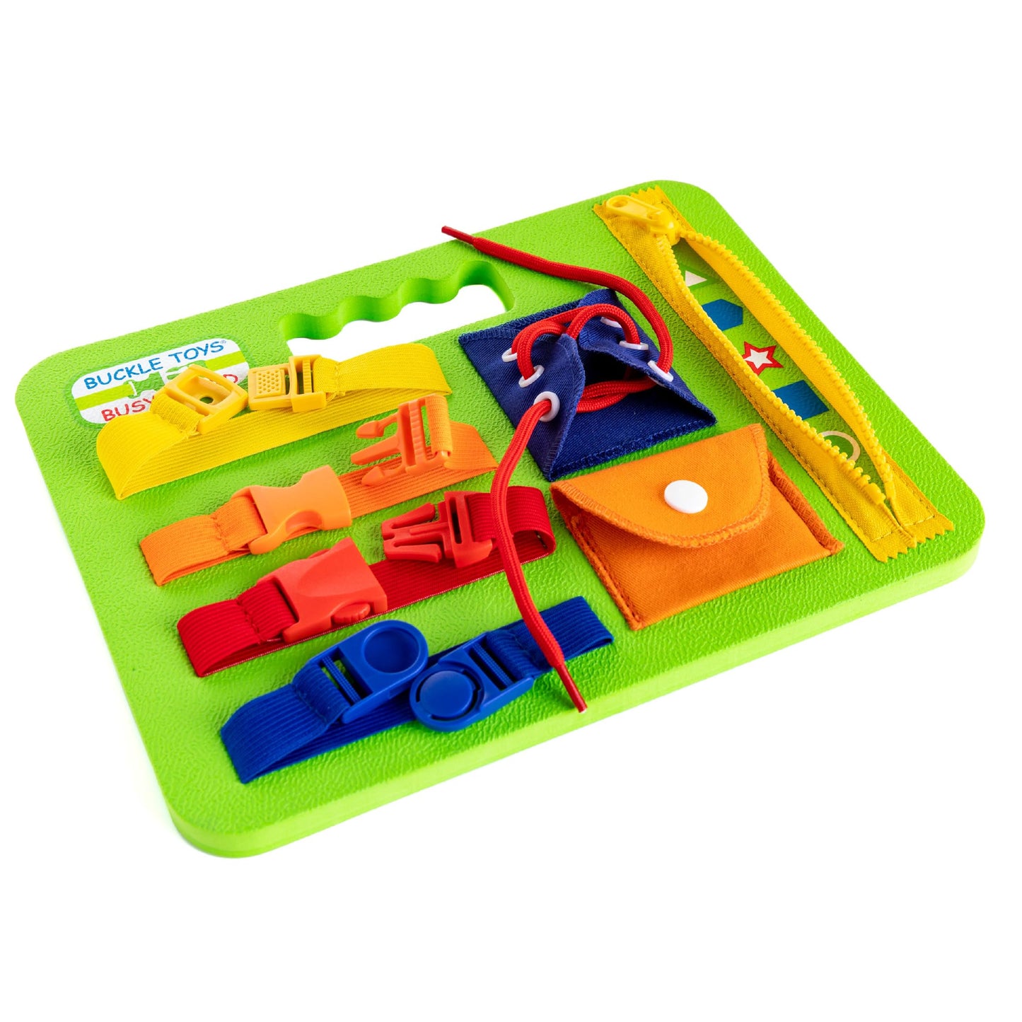 Buckle Toys Busy Board - Montessori Foam Sensory Toy for Toddlers - Green, Medium - Develop Fine Motor Skills