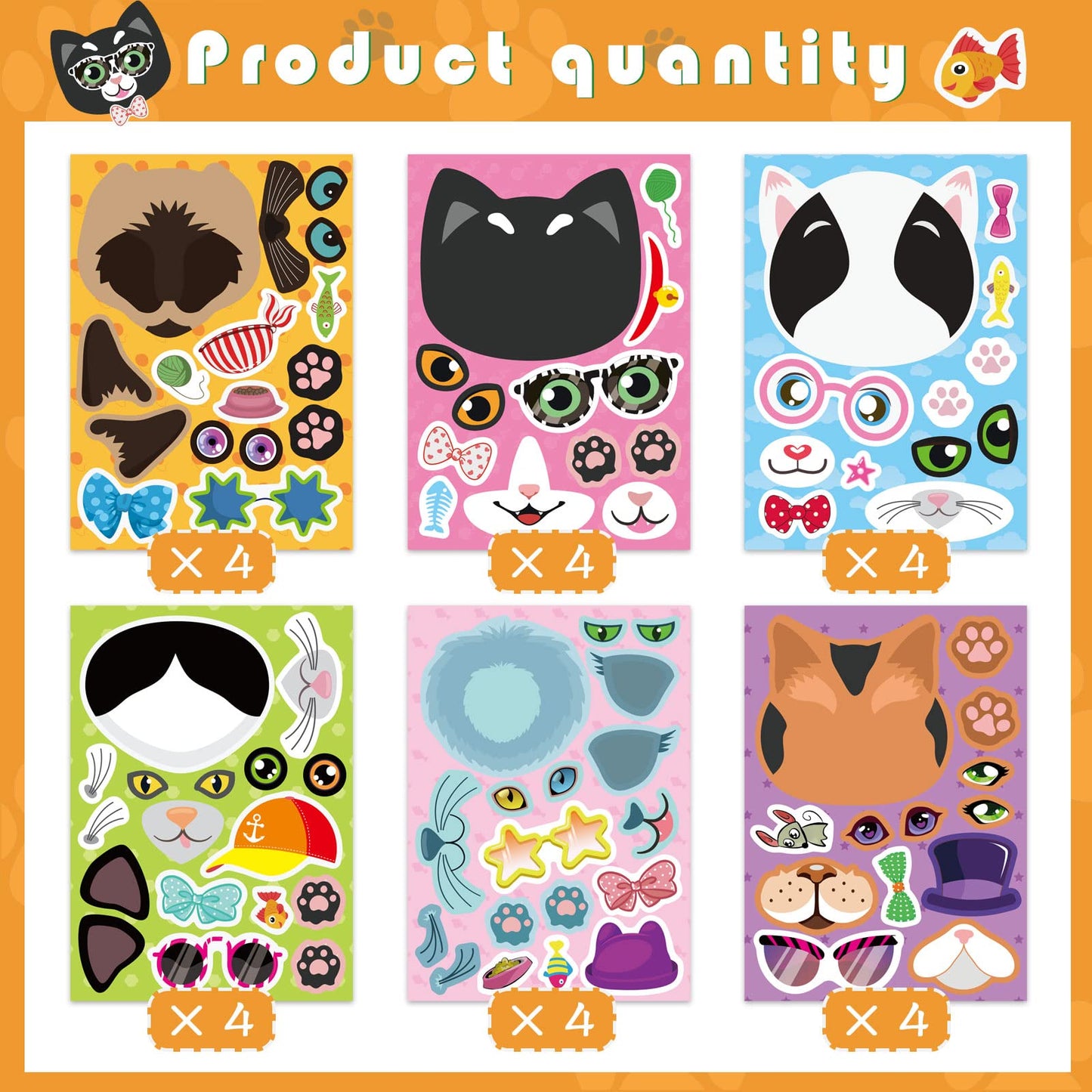 24 Sheets Cats Make A Face Stickers Make You Own Cats Stickers Animal Stickers For Kids, Birthday Gift Party Favors Supplies Tea