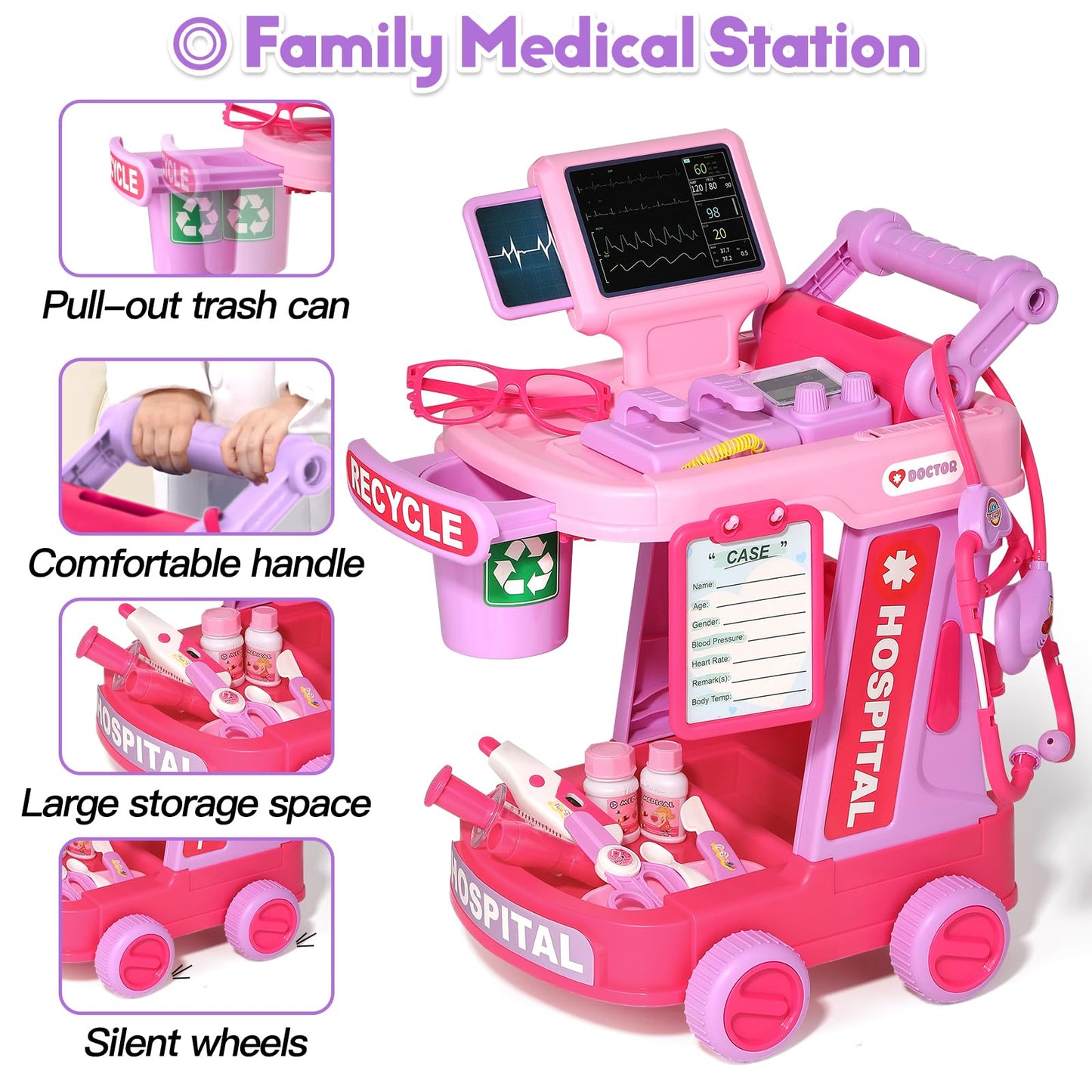 Phobby Doctor Kit for Toddlers Aged 3 4 5, Medical Pretend Play Set for Kids with Bag and Costume, Doctor Cart Toy for Girls Boy