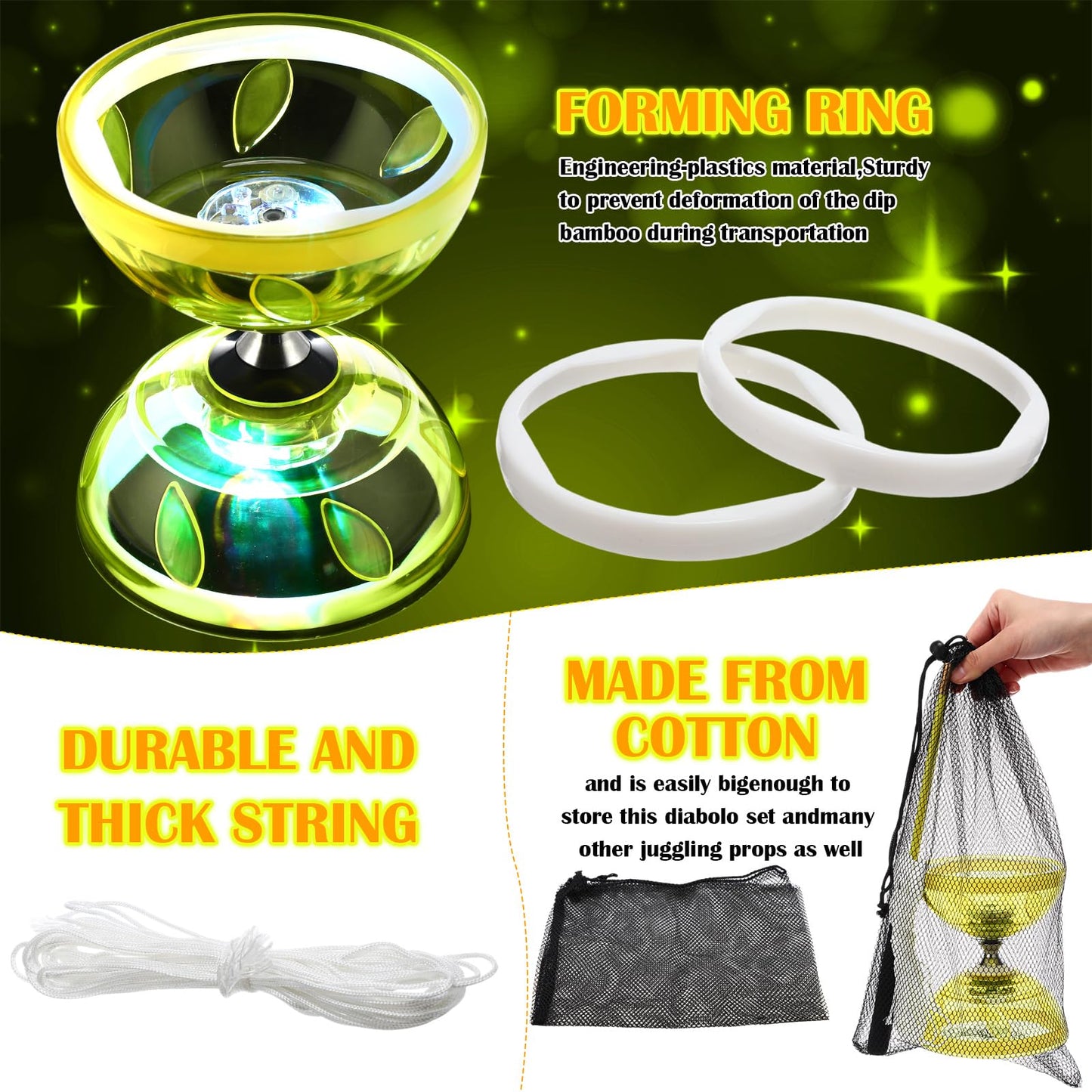 Simgoing Chinese Yoyo Diabolo Set Includes Colorful Led Diabolo Toy Light Up With 2 Pieces Sticks, 1 Piece String, 1 Net Bag For Fun(Yellow)
