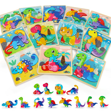 TOY Life Wooden Puzzles for Toddlers 2-4, 12 Pack Dinosaurs Puzzles for Toddler 1-3, Kids Montessori Toys for 1 2 3 Year Old, Ed