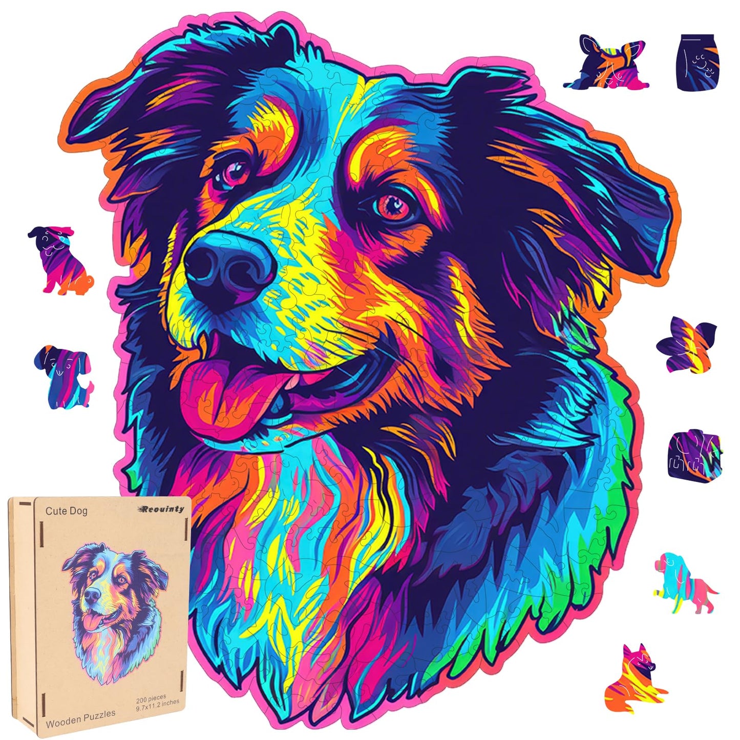 Australian Shepherd Dogs Wooden Puzzle Stained Colorful (9.7 * 11.2In-200Pcs) Art Painting Wooden Puzzle For Kids Adults, Birthd