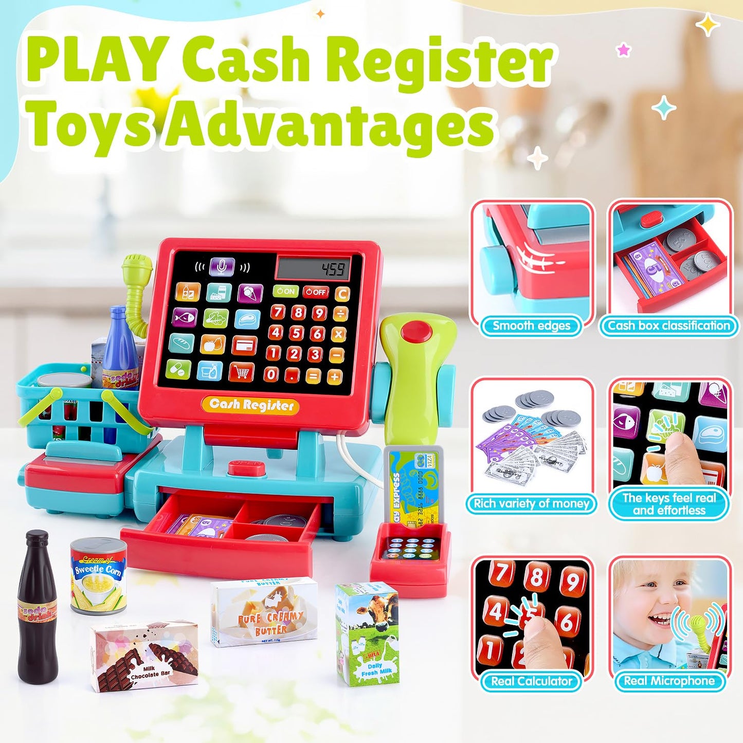 PLAY Kids Cash Register Toy Supermarket with Register Pretend Play Calculator Register Toys with Scanner/Microphone/Credit Card/