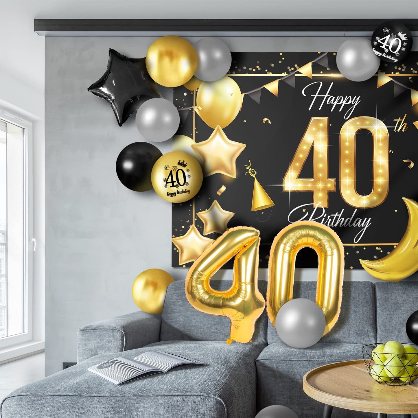 Happy 40Th Birthday Balloons Gold Set Decor - Cheers To 40 Years Old Party Theme Garland Star Moon Banner Backdrop Decorations F