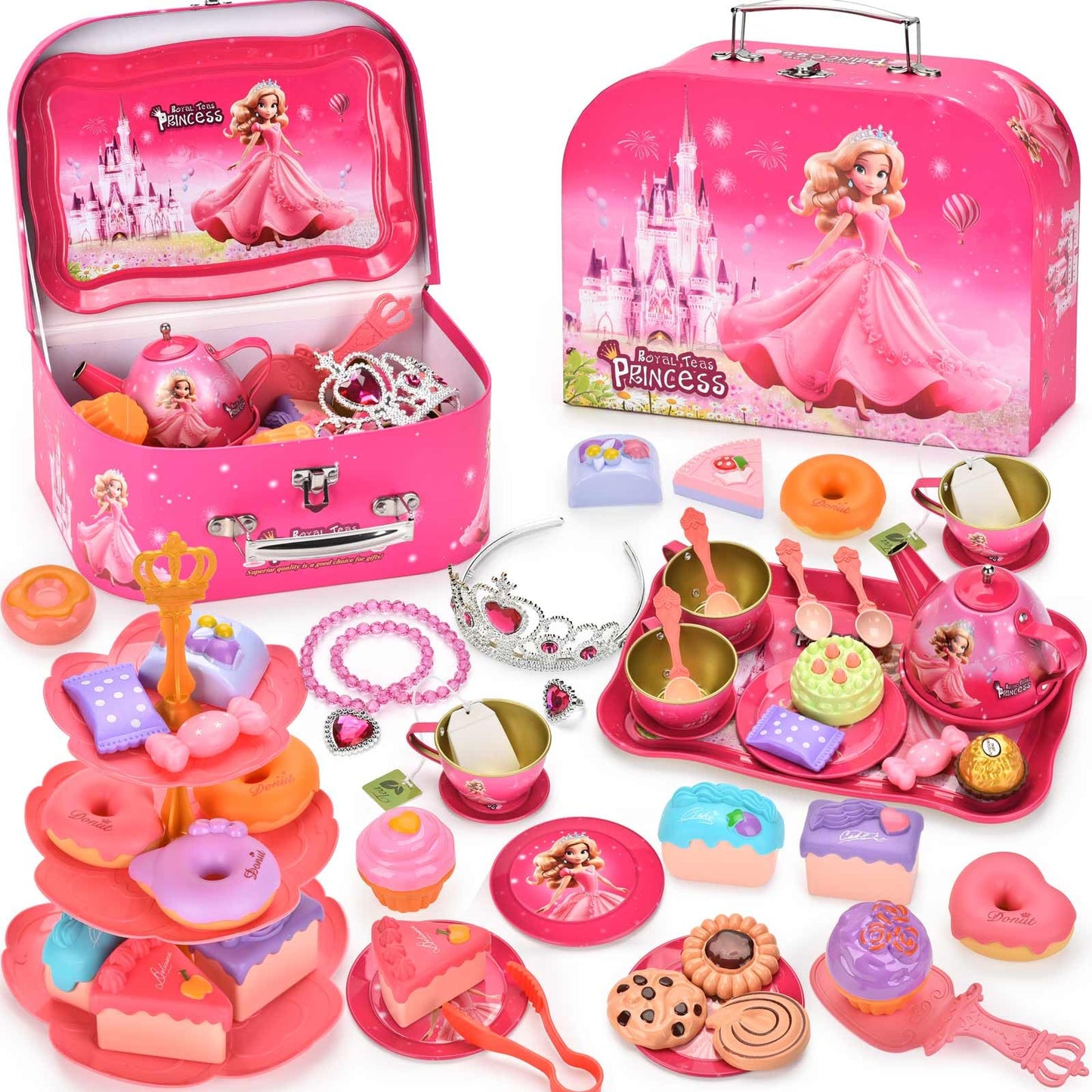 Lajeje 52 Pcs Tea Party Set for Little Girls, Pretend Tin Teapot Set, Princess Tea Time Play Kitchen Toy with Cups, Plates and A
