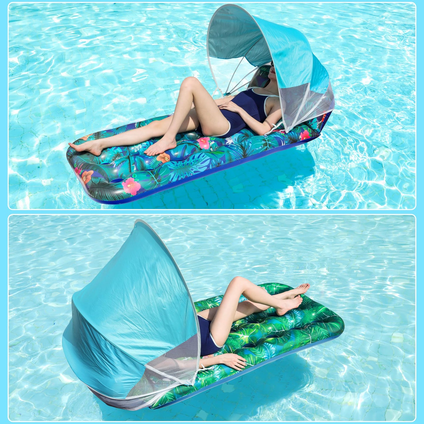 FindUWill Pool Floats mature-themed with Canopy - 2 Pack Large Pool Float Loungers with Headrest Shade Pool Float Raft for Sunbathing Pool Floaties for Vacation