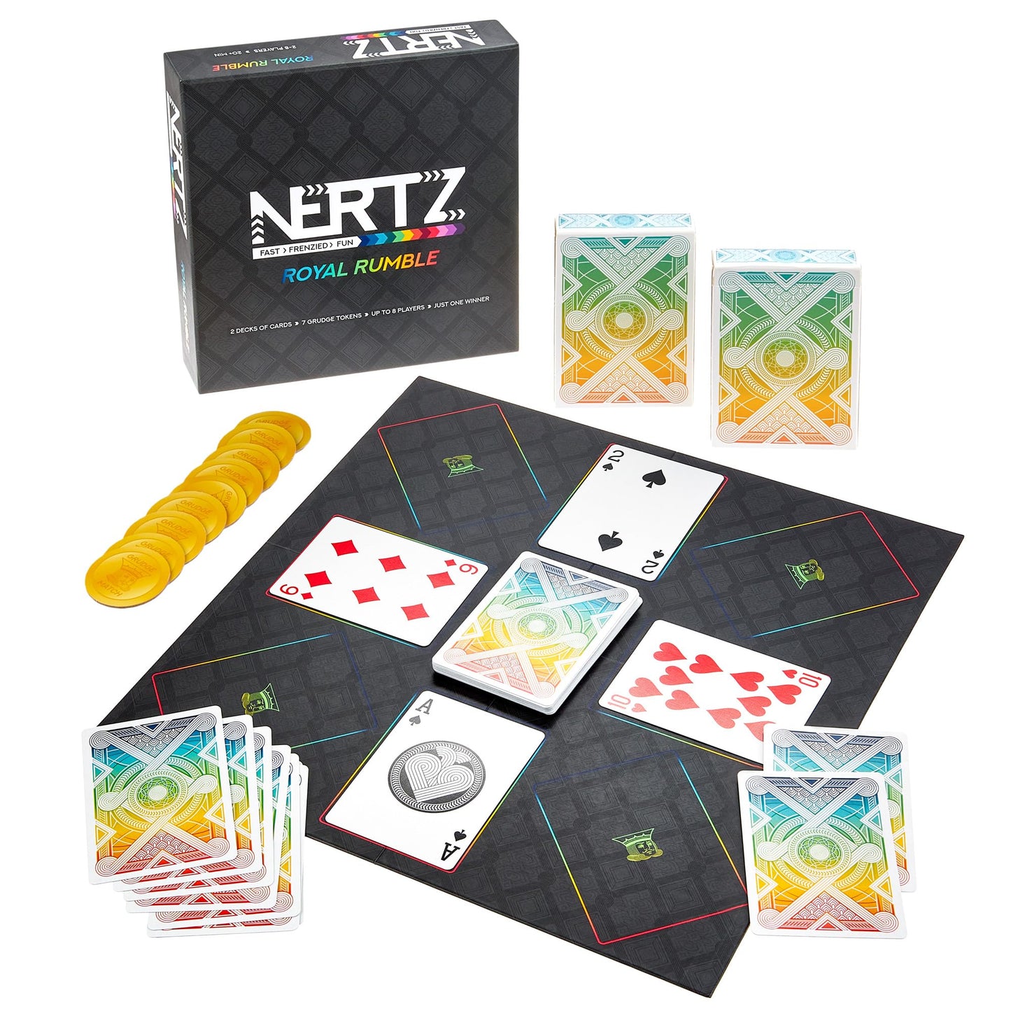 Brybelly Nertz Royal Rumble Card Game - Party Solitaire Game, Up To 8 Players - 2 Decks Colorful Playing Cards, Wide Poker Cards