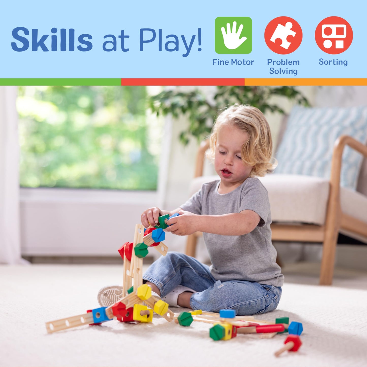 Melissa & Doug Wooden Construction Building Set - 48 pcs, Multicolor, Model 5151, Natural Wood