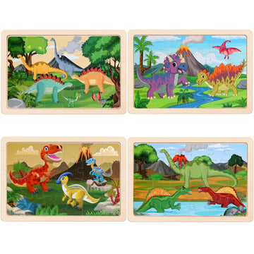 Wooden Puzzles Dinosaur Toys For Kids Ages 3-5, Set Of 4 Packs With 20-Piece Wood Jigsaw Puzzles, Preschool Educational Brain Teaser Boards For Boys And Girls 3 4 5 6 Years Old