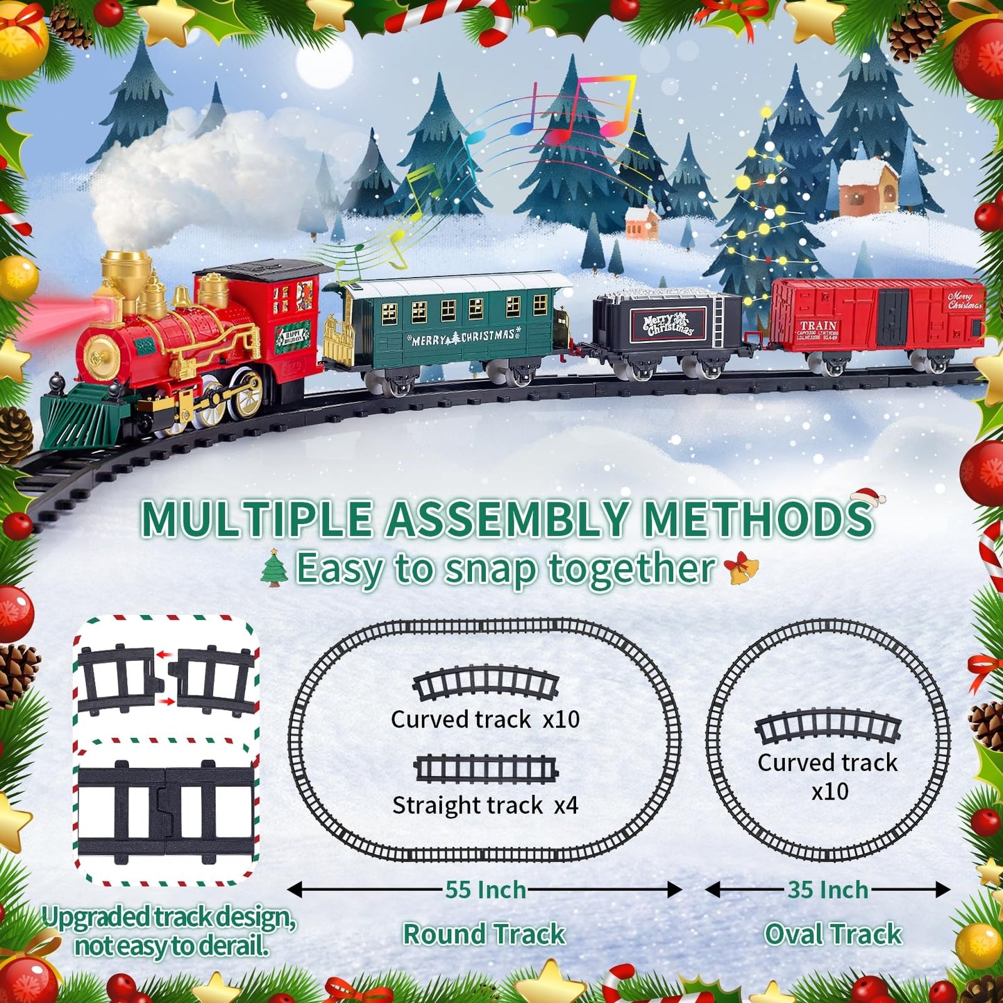 Shemira Christmas Train Set, Train Toys For Boys Girls, Toy Train With Smoke, Light And Sound, Steam Train Sets For Around Christmas Tree, Christmas Train Toys Gifts For 3 4 5 6 7 8+ Years Old Kids