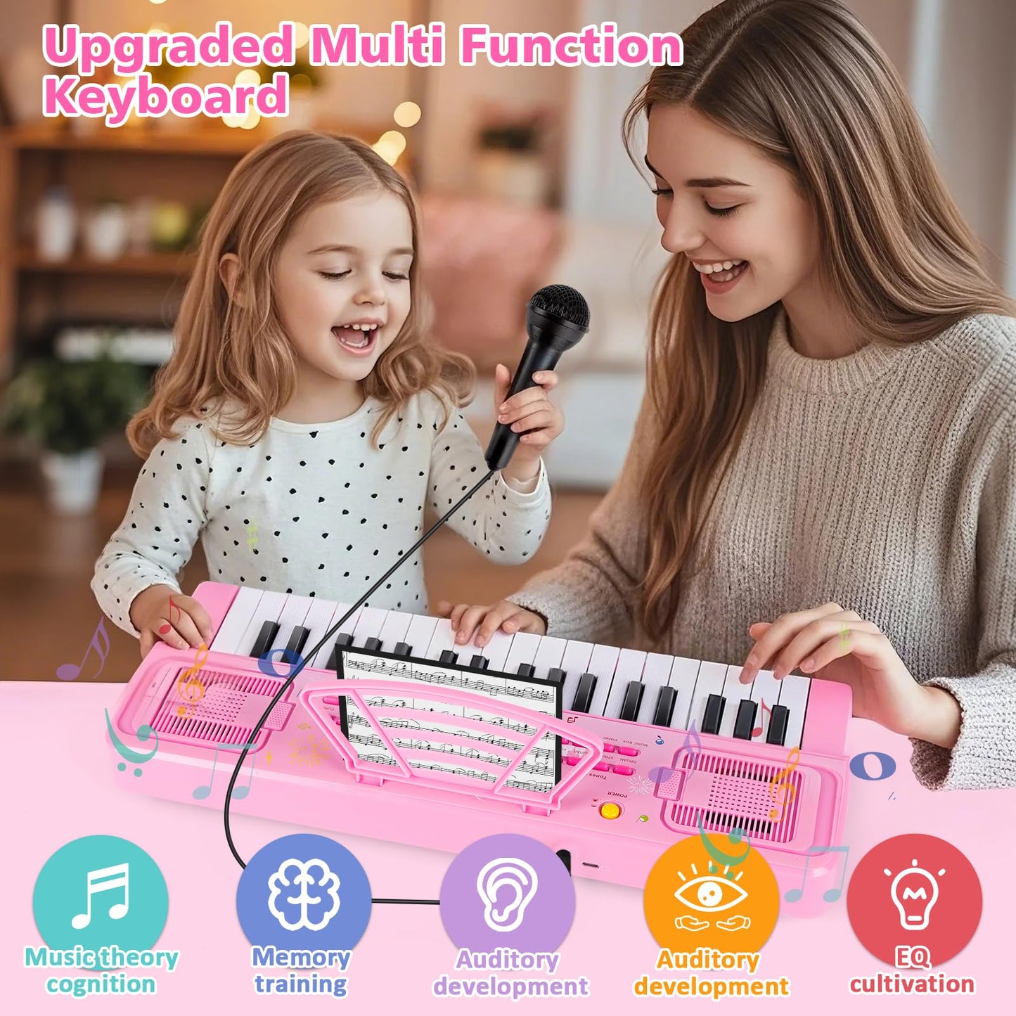 M Sanmersen Kids Piano Keyboard, 37 Keys Electronic Piano With Music Book Bracket, Musical Toy For Toddlers 1-8 Years, Christmas Birthday Gifts For Boys Girls, Pink