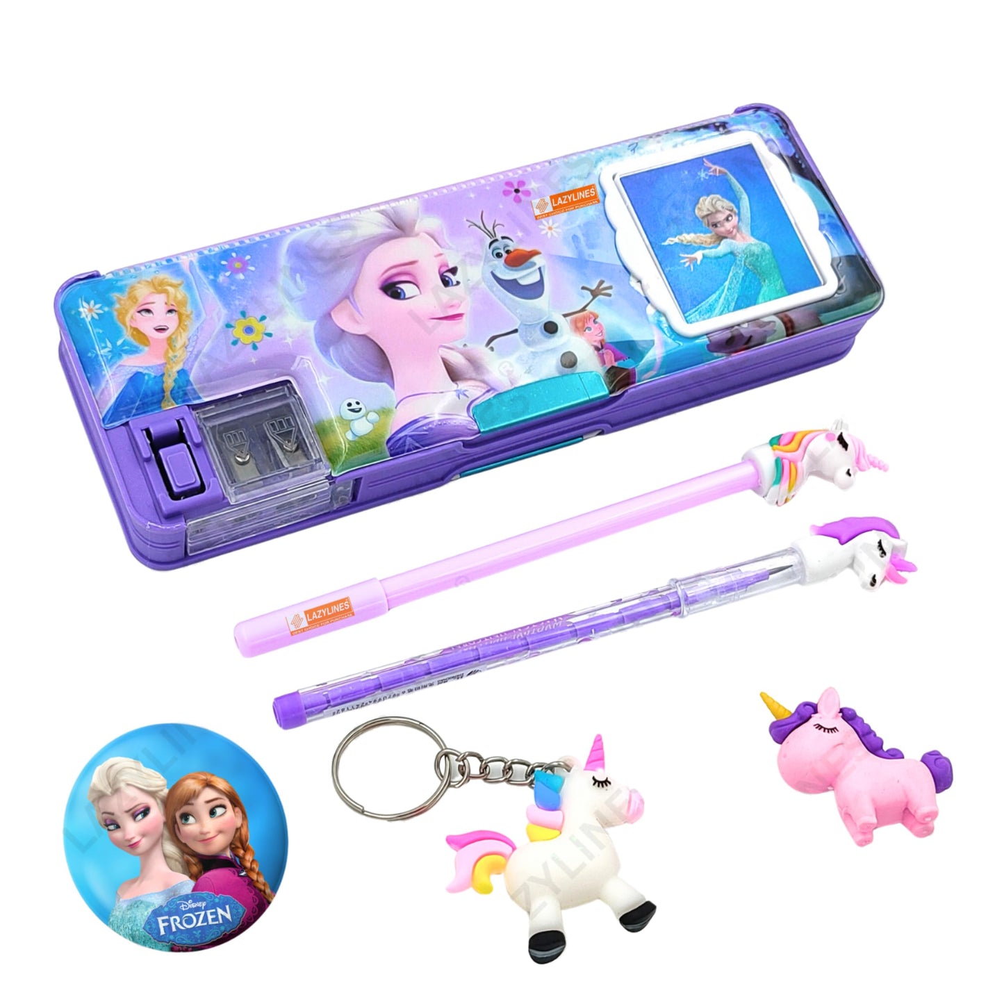 Lazylines Frozen Art Pencil Box Integrated Sharpener And Calculator, Magnetic Lock, Dual Compartments, Cartoon Stationery Case S