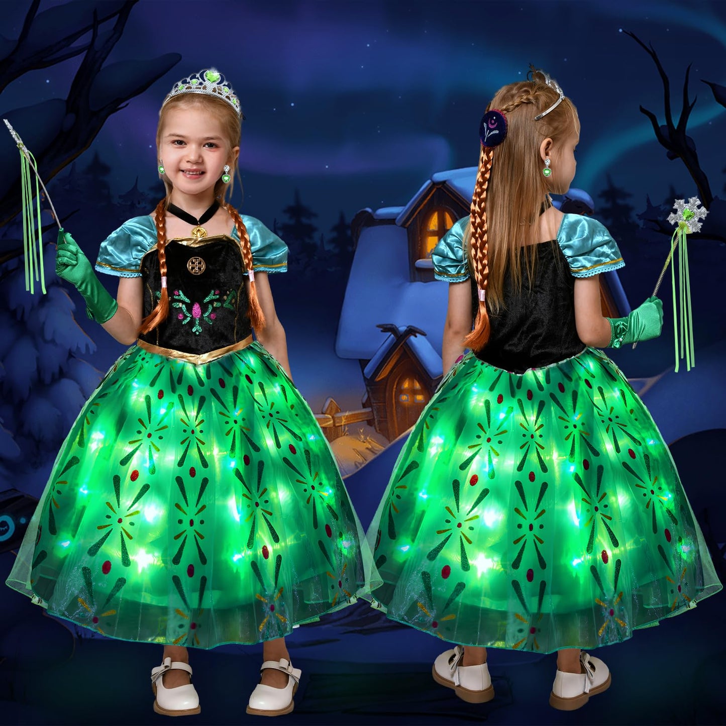 Latocos 10Pcs Light Up Anna Costume For Girls Kids Princess Dress Up Cloths For Little Girls Halloween Cosplay