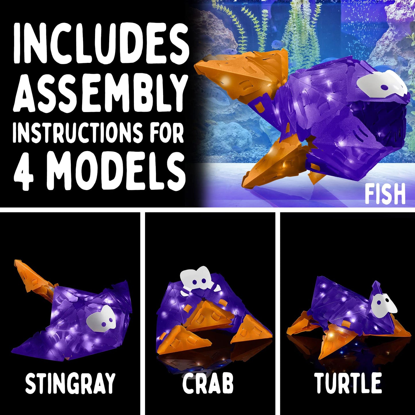 Creatto Flashy Fish & Silly Swimmers Light-Up 3D Puzzle Kit | Includes Creatto Puzzle Pieces To Make Illuminated Craft Creations, Sting Ray, Turtle, Crab, Fish | Diy Activity & Led Lights