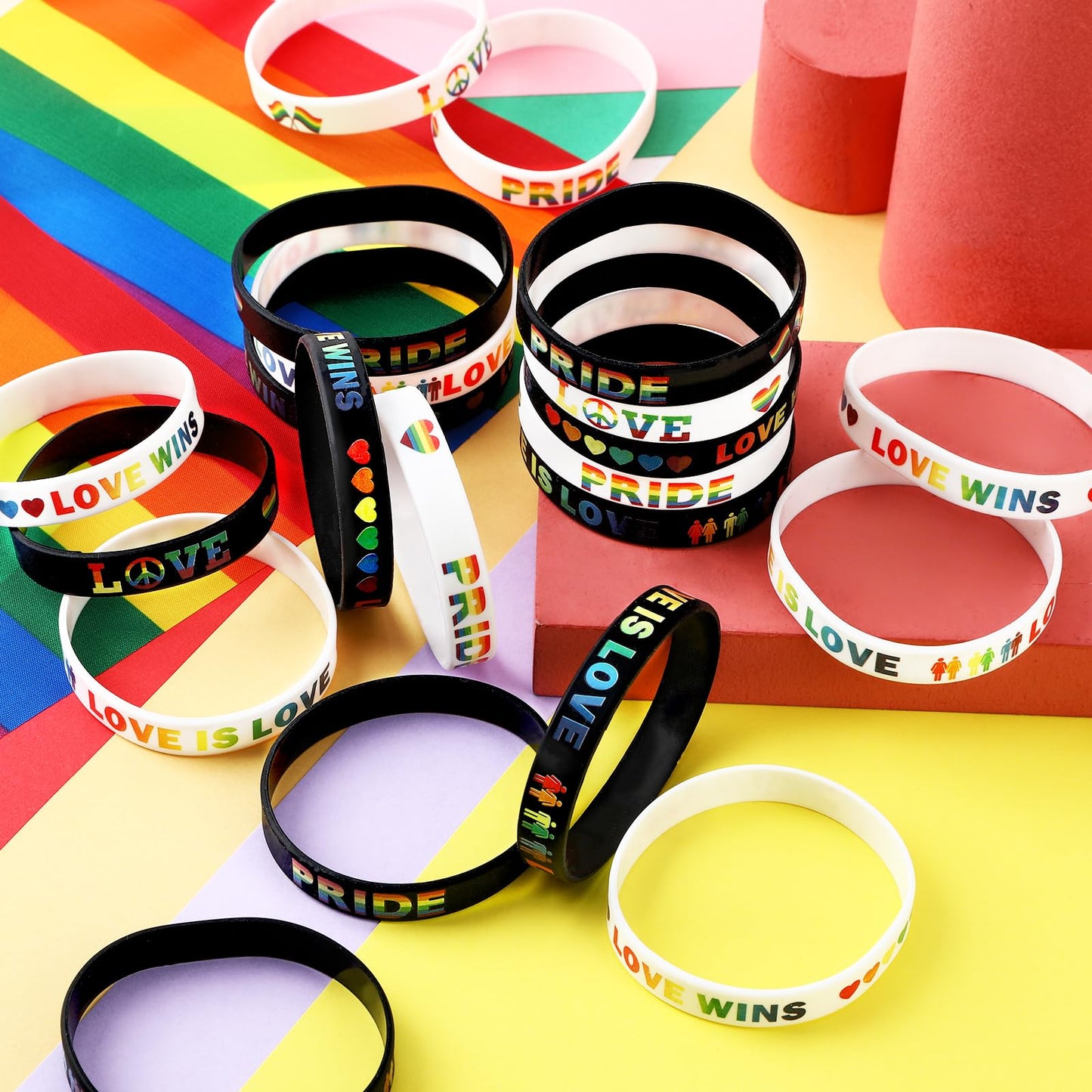 Junebrushs 42Pcs Rainbow Gay Pride Silicone Bracelets Lgbt Support Rubber Wristbands For Pride Day Month Parades Decorations Par