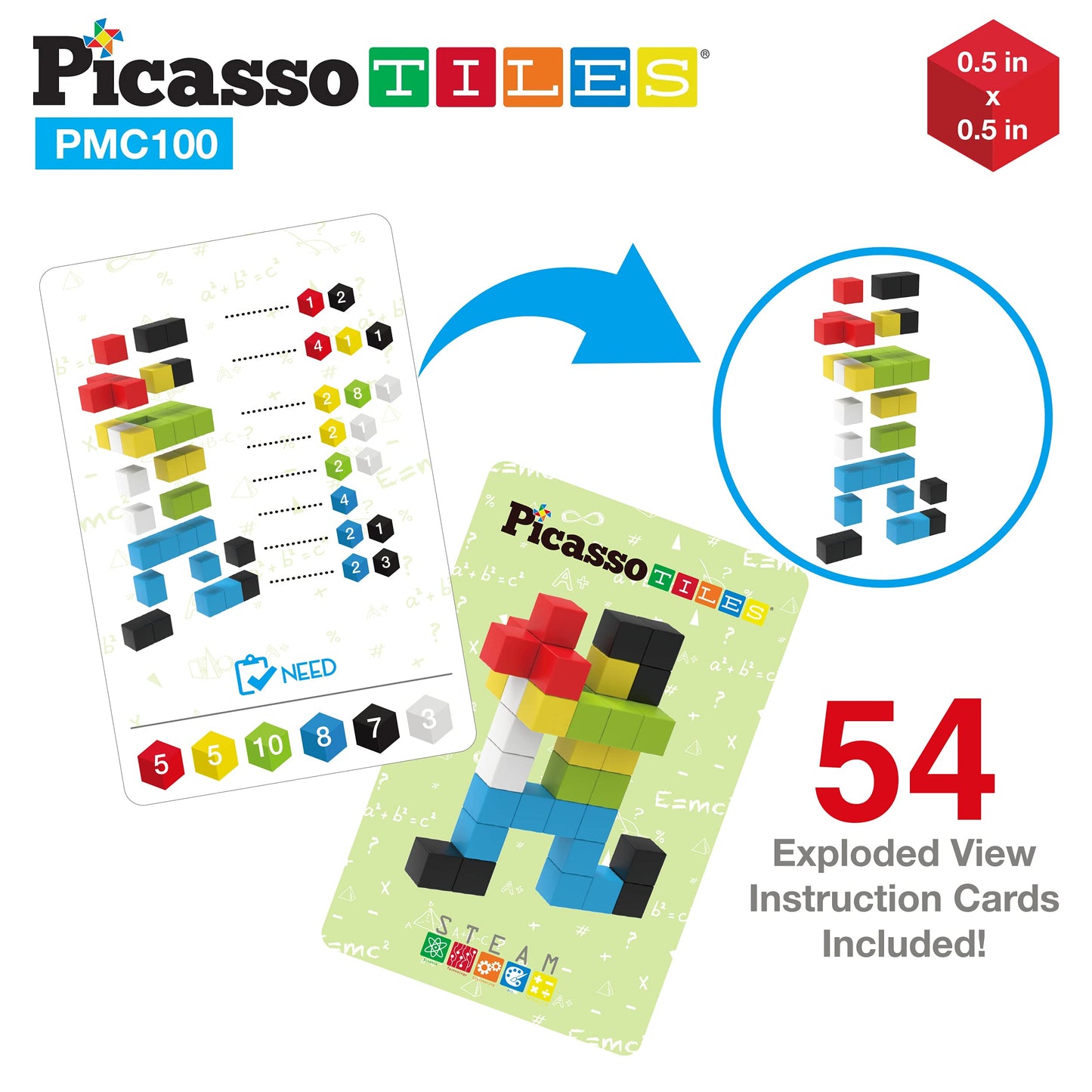 Picassotiles 0.5 Pixel Magnetic Puzzle Cube 100 Piece Mix & Match Cubes Sensory Toys Steam Education Learning Building Block