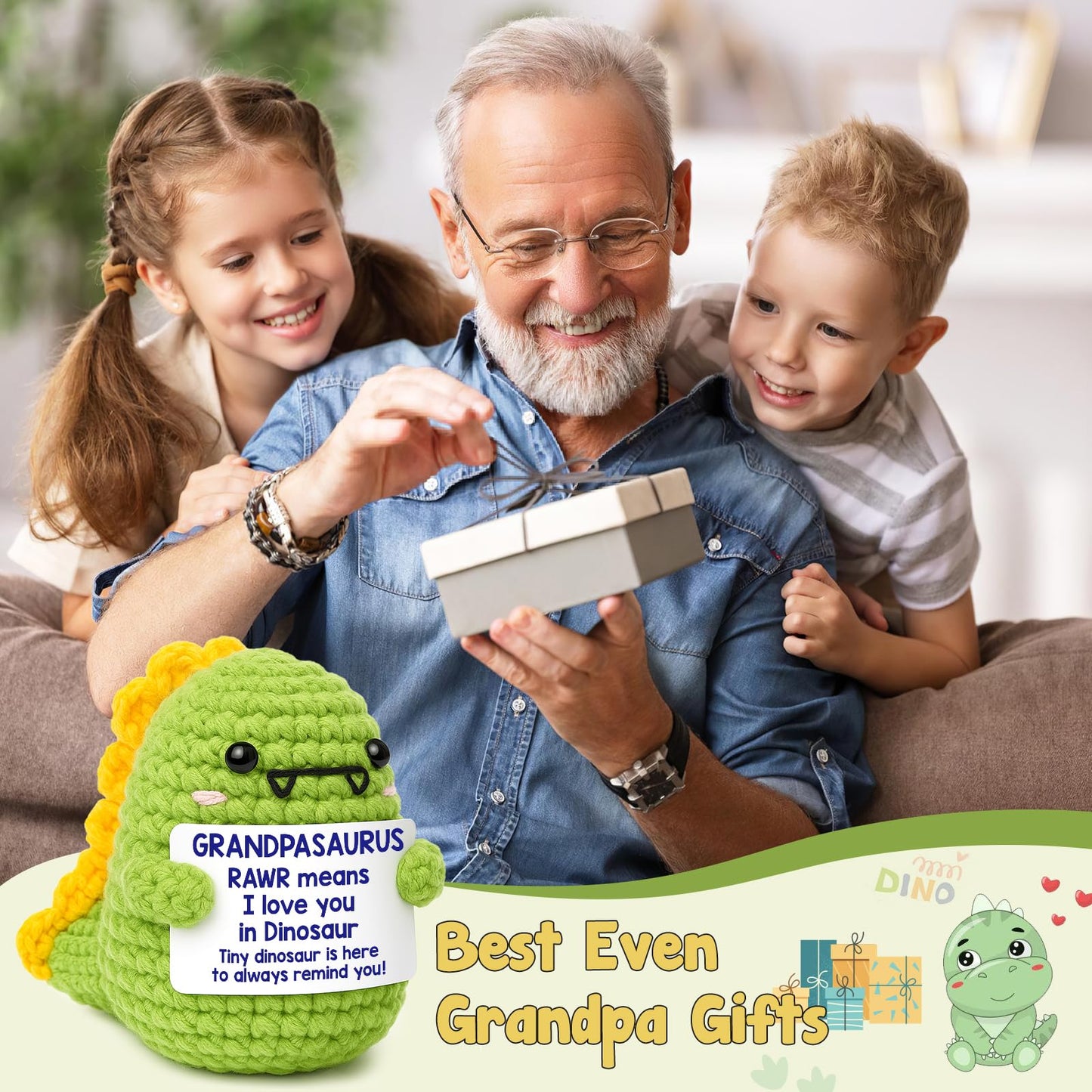 Mini Grandpa Gifts for Christmas- Handmade Crochet Dinosaur Grandpasaurus RAWR I Love You Gift for Grandpa Papa Pops Birthday Ch