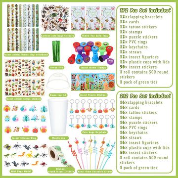 Poen 172 Pcs Insects Party Favors Bugs Birthday Party Favors Include Cup Straw Stamp Clap Bracelet Keychain Ring Puzzle Sticker