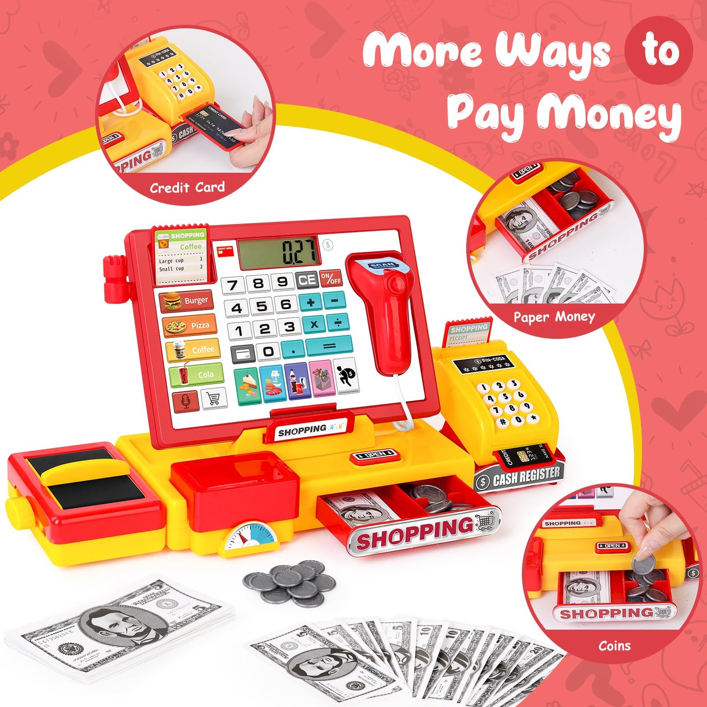 maysida Cash Register Toy for Kids, Pretend Play Store with Fast Food Burger/Scanner/Credit Card/Play Money/Microphone Birthday