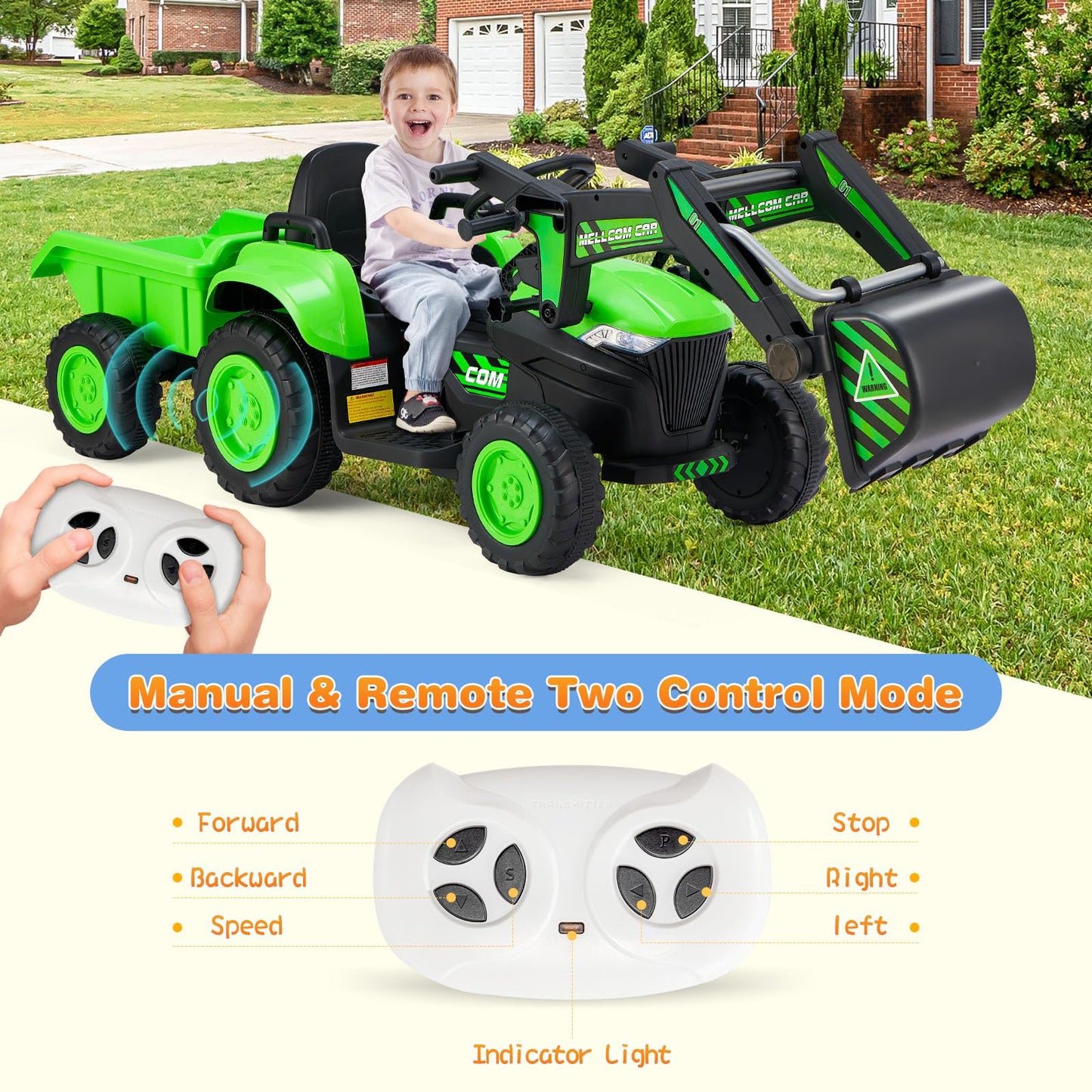 Mellcom Ride On Excavator With Detachable Trailer, 12V Kids Electric Vehicles Ride On Toy With Remote Control, Kids Car With Dig