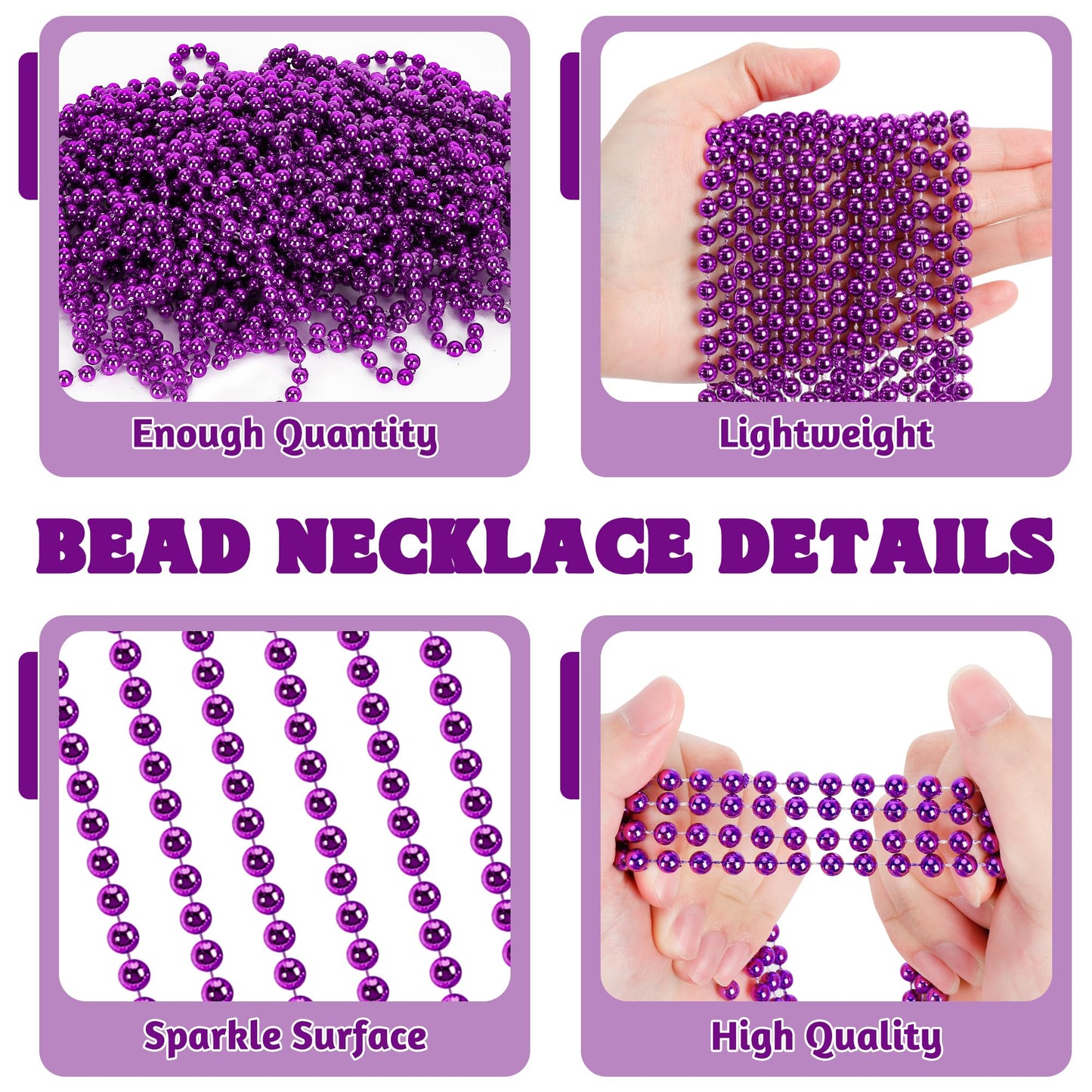 100 Pcs Purple Beads Necklaces, Mardi Gras Beads Necklaces, 33'' Round Beaded Bulk Parade Throw Accessories Set, Beads Necklaces