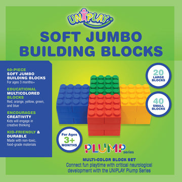 Uniplay Plump Soft Building Blocks - 60-Piece Jumbo Stacking Multicolor Set For Early Cognitive Development And Creative Play - Ages 3 Months+