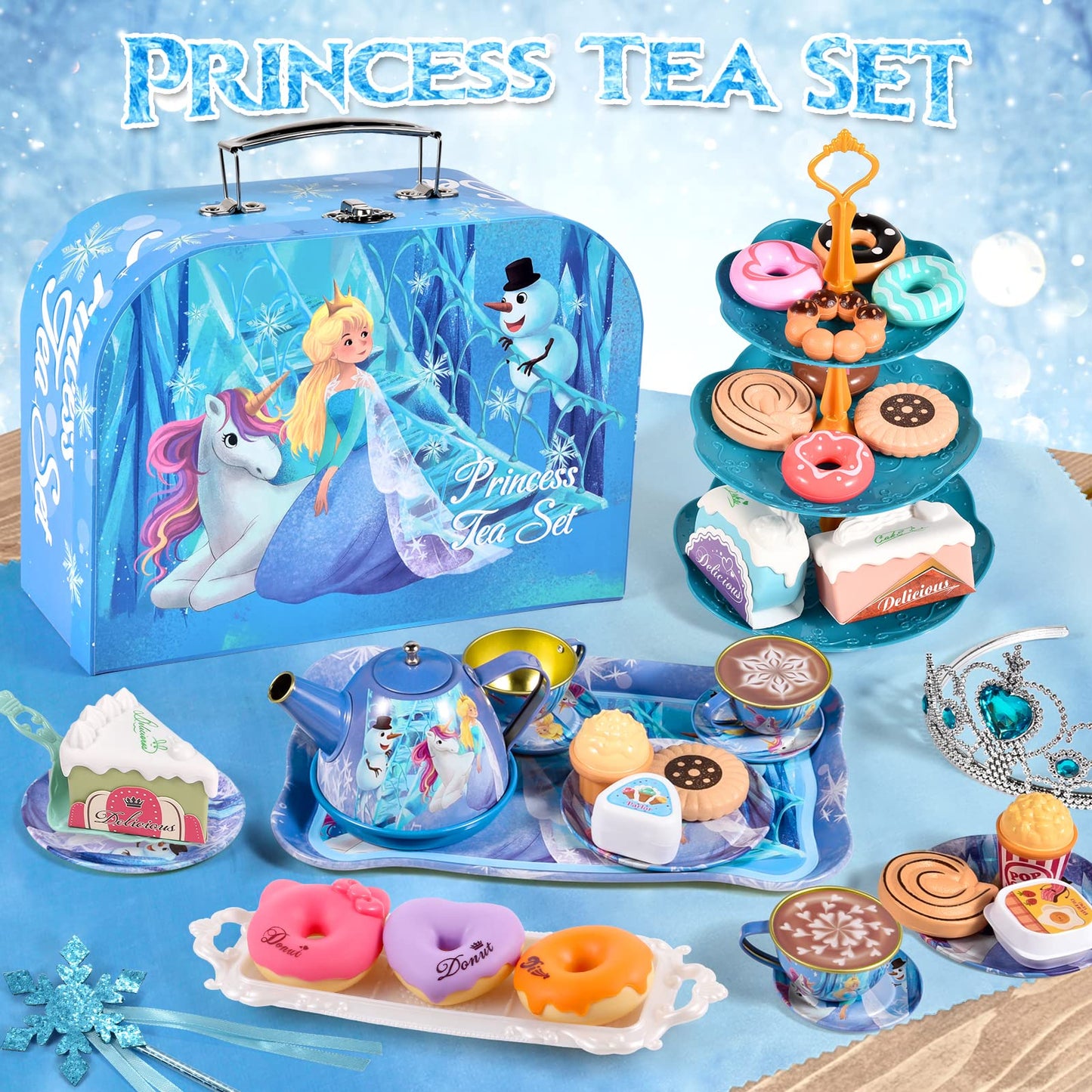 Golray Tea Party Set for Little Girls Frozen Toys Inspired Elsa Princess Gift, 49Pcs Kid Tin Tea Set & Luxury Food Playset & Car