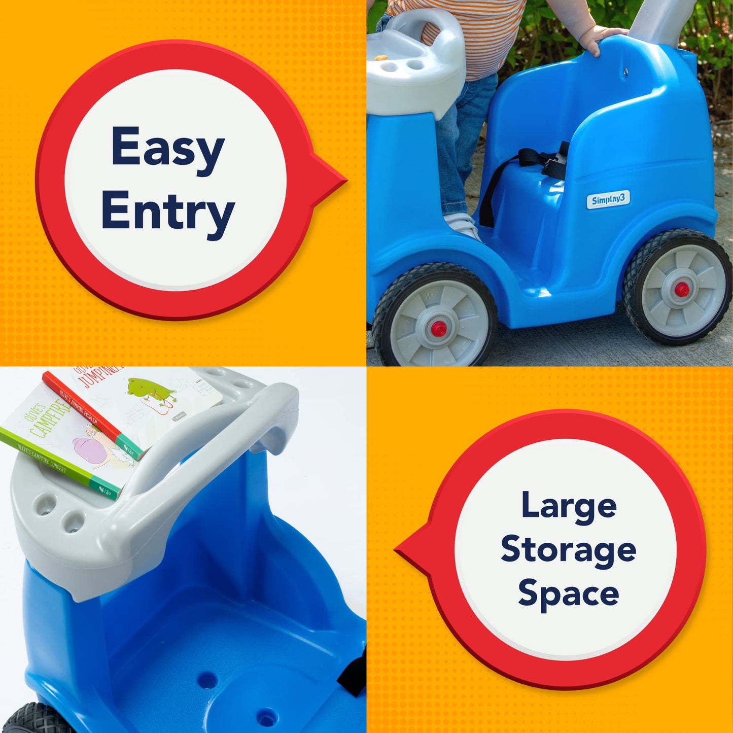 Simplay3 Roll and Stroll Toddler Push Car, Large Blue Plastic Ride-On with Seatbelt for Ages 1.5-4 Years