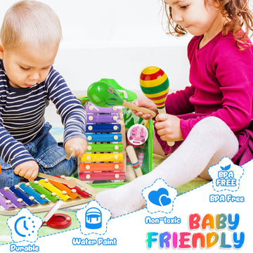 JUSTWOOD Kids Musical Instruments Set - Wooden Xylophone, Maracas & Tambourine, Rainbow Montessori Toys for Toddlers 3-5 Years Old
