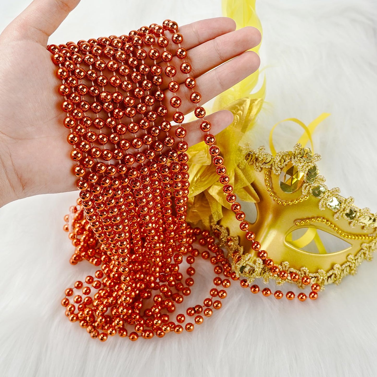 ZZYFGH 33'' 7mm Metallic Orange Bead Necklace Bulk, Mardi Gras Round Beaded Necklaces for Party Favors Costume Necklace (12 Pcs)