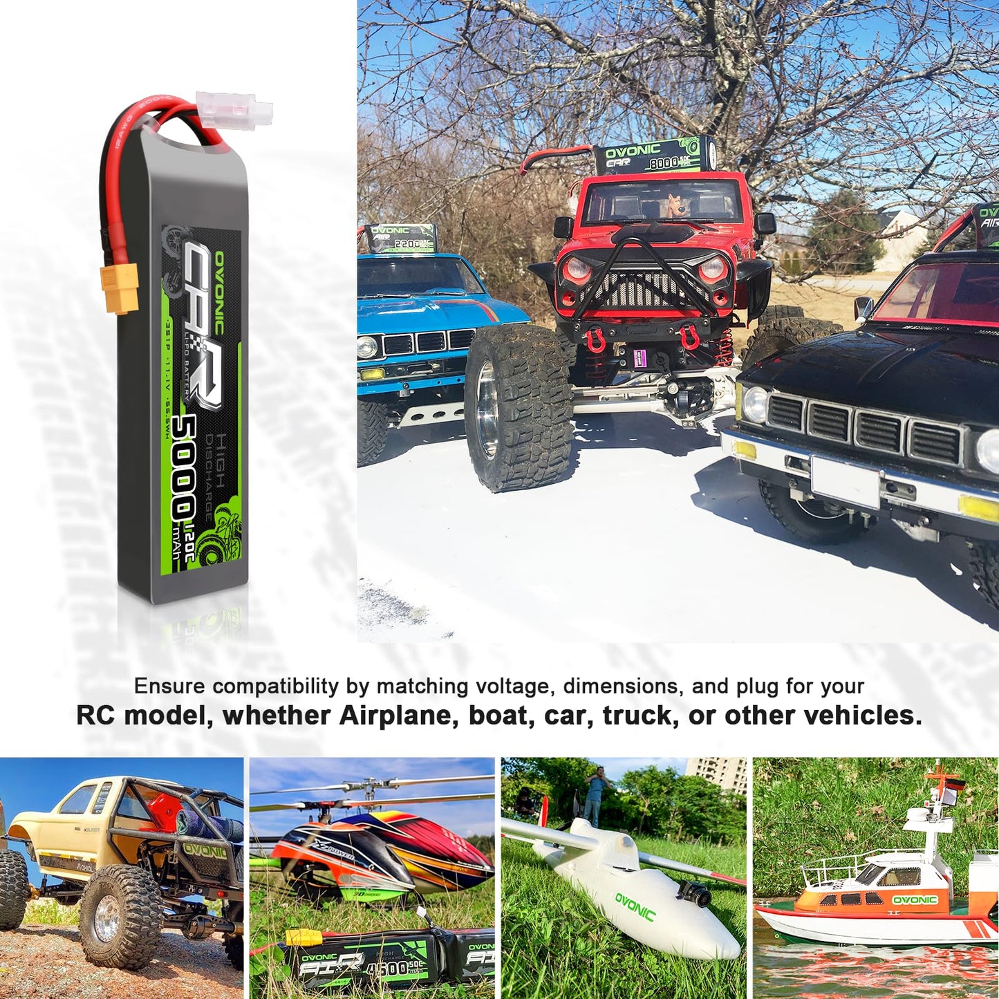 OVONIC 3S LiPo Battery 11.1V 5000mAh 120C with XT60 and TRA Plug Perfect Match RC Car RC Truck Airplane Helicopter Boat Car Raci