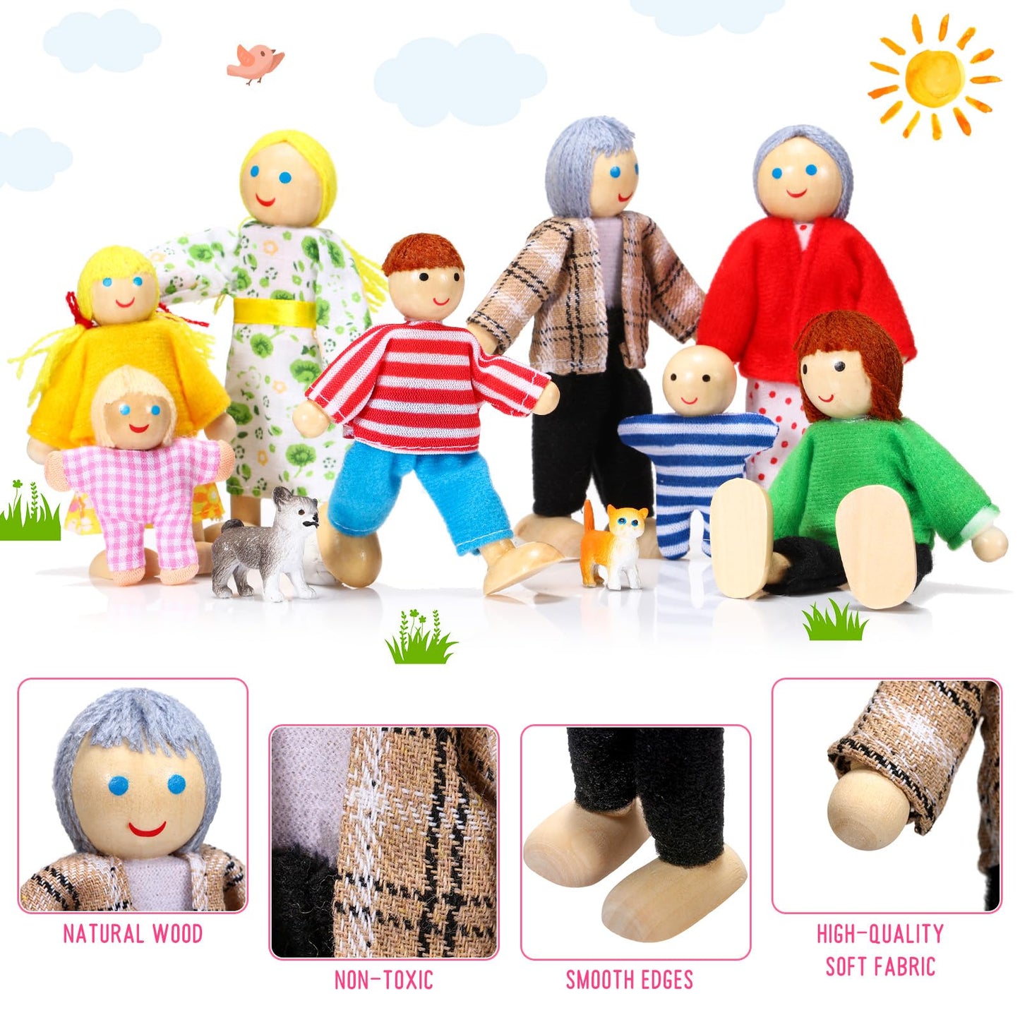 Skylety 20 Pcs Wooden Dollhouse Family Set Of 16 Mini People Figures And 4 Pets, Wooden Dollhouse Dolls Family Cosplay Figures Accessories For Pretend Toy(Vivid Style)