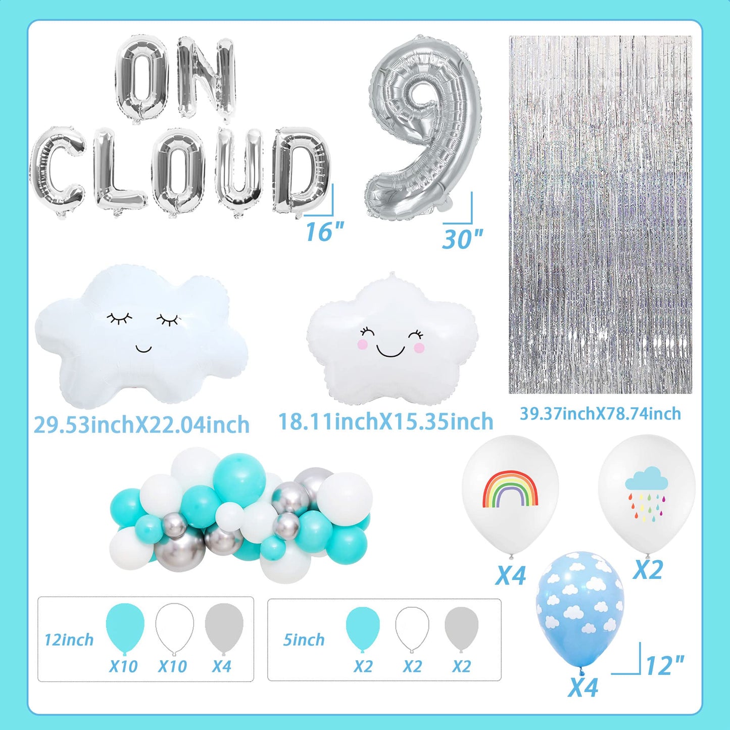 Laventy 43 Pcs Silver On Cloud 9 Balloons On Cloud 9 Birthday Decoration 9 Birthday Decoration Nine Years Old Birthday Balloon On Cloud 9 Party Supplies Cloud Balloon