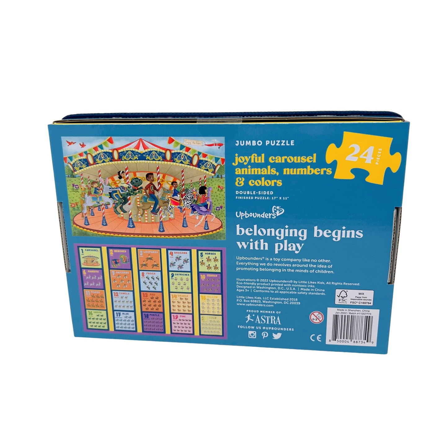 Upbounders: Joyful Carousel Animals Numbers And Colors - 24 Piece 2-Sided Beginnger Puzzle,Toddler Boy,Girl, Ages 3-5, Counting Activity With African American-Diverse Children At Play