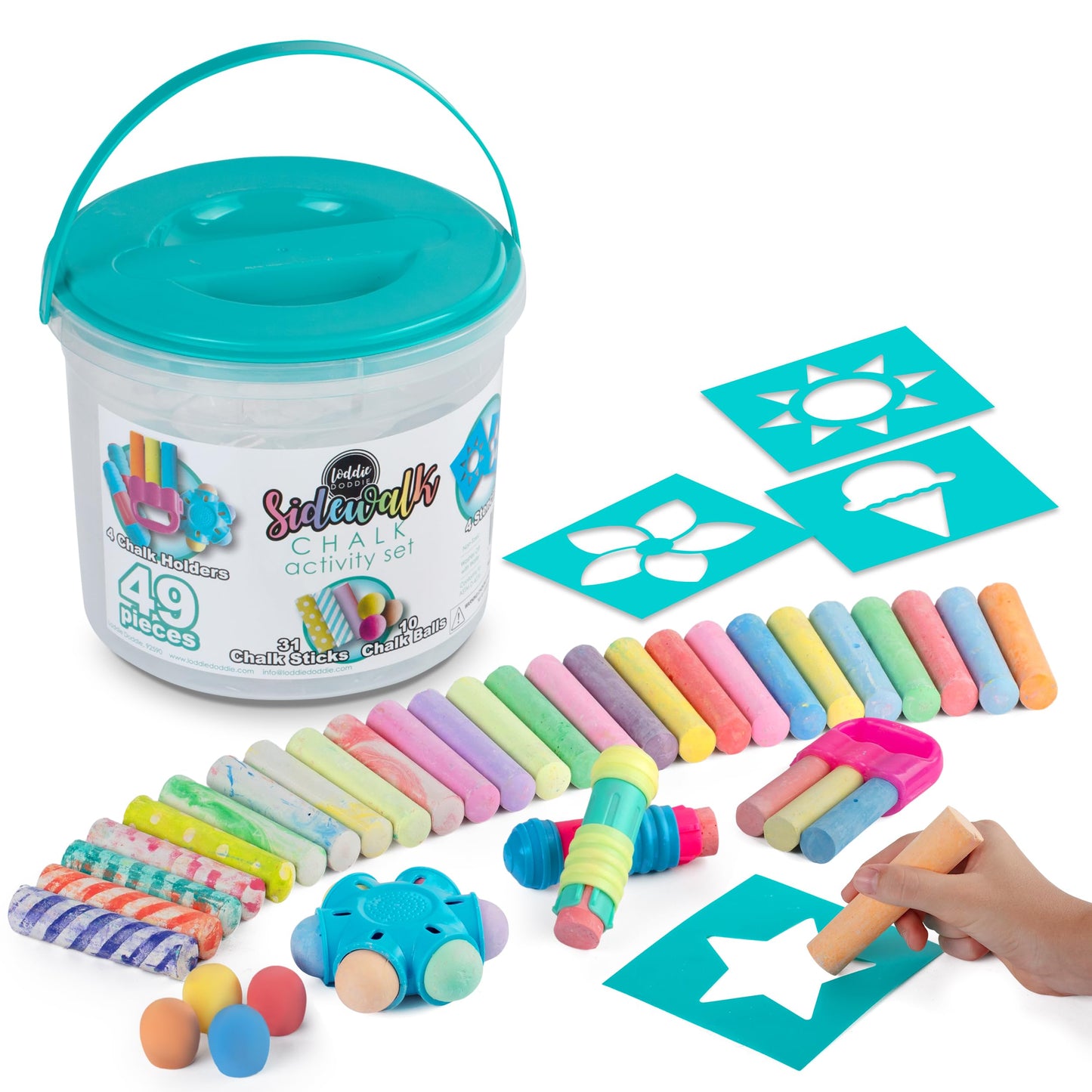 Loddie Doddie 49pc Sidewalk Chalk Bucket - Outdoor Activity Play Set for Kids, 31 Assorted Chalk Sticks, 4 Holders, 10 Ball Refi