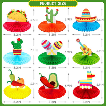 WILLBOND 9-Piece Honeycomb Table Centerpiece - 8" Colorful Paper Fans for Cinco De Mayo & Mexican Theme Party Decorations